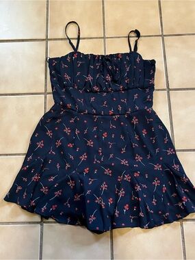 Blue Rain Navy romper with Red Floral Print